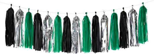 Black Green Silver Tassel Garland - 15pcs Soccer Party Supplies Tassels Graduation Backdrop Decorations Men Boys Birthday Spring Summer Jungle Theme Banner