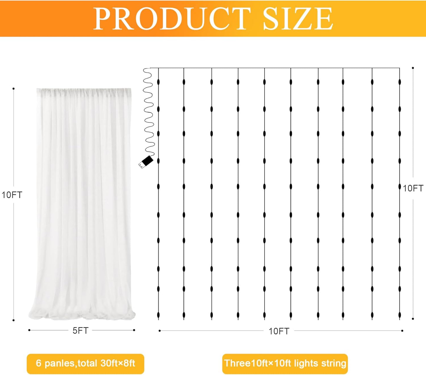 Fomcet Tulle Backdrop Curtains Ivory 30FT X 10FT Tulle Curtain with Lights String Sheer Backdrop Curtains for Parties Wedding Baby Shower Photo Shoot Decorations (6 Panels 5 x 10FT)