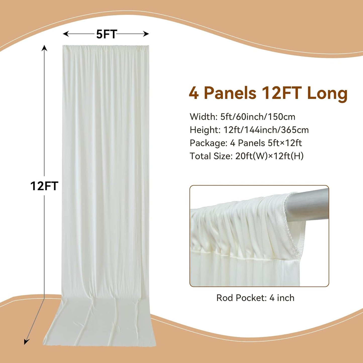 20×12ft Wrinkle Free Ivory Backdrop Curtain for Wedding Parties, 4 Panels 5×12ft Long Soft Silky Polyester Backdrop Drapes Cream Photo Back Drop Curtains for Party Photography Background Cloth