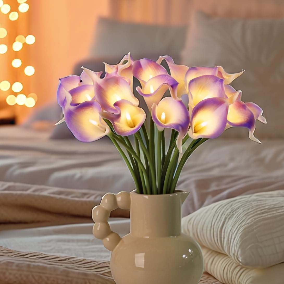 20pcs Artificial Calla Lily Bouquet Lamp Faux Floarl Night Light Real Touch Flower Night Lamp LED Calla Lily Lighted Artificial Flower for Her Gifts Home Kitchen Decor(Light Purple)