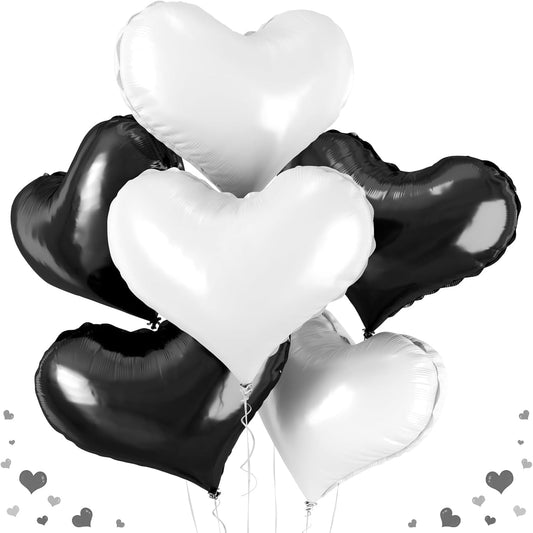 24 Inch Black White Heart Balloons, White Heart Foil Balloons, Black Balloon for Valentines Day Bridal Shower Anniversary Wedding Birthday Party Decorations