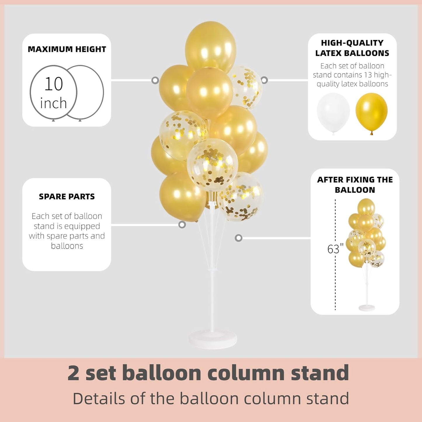 Balloon Column Kit Set of 2 With Confetti Balloons Included - Balloon Tower with Stand, Base, and Pole,Backdrop Decoration for Wedding, Baby Shower, Birthday Party, or Bachelorette Parties (Gold)