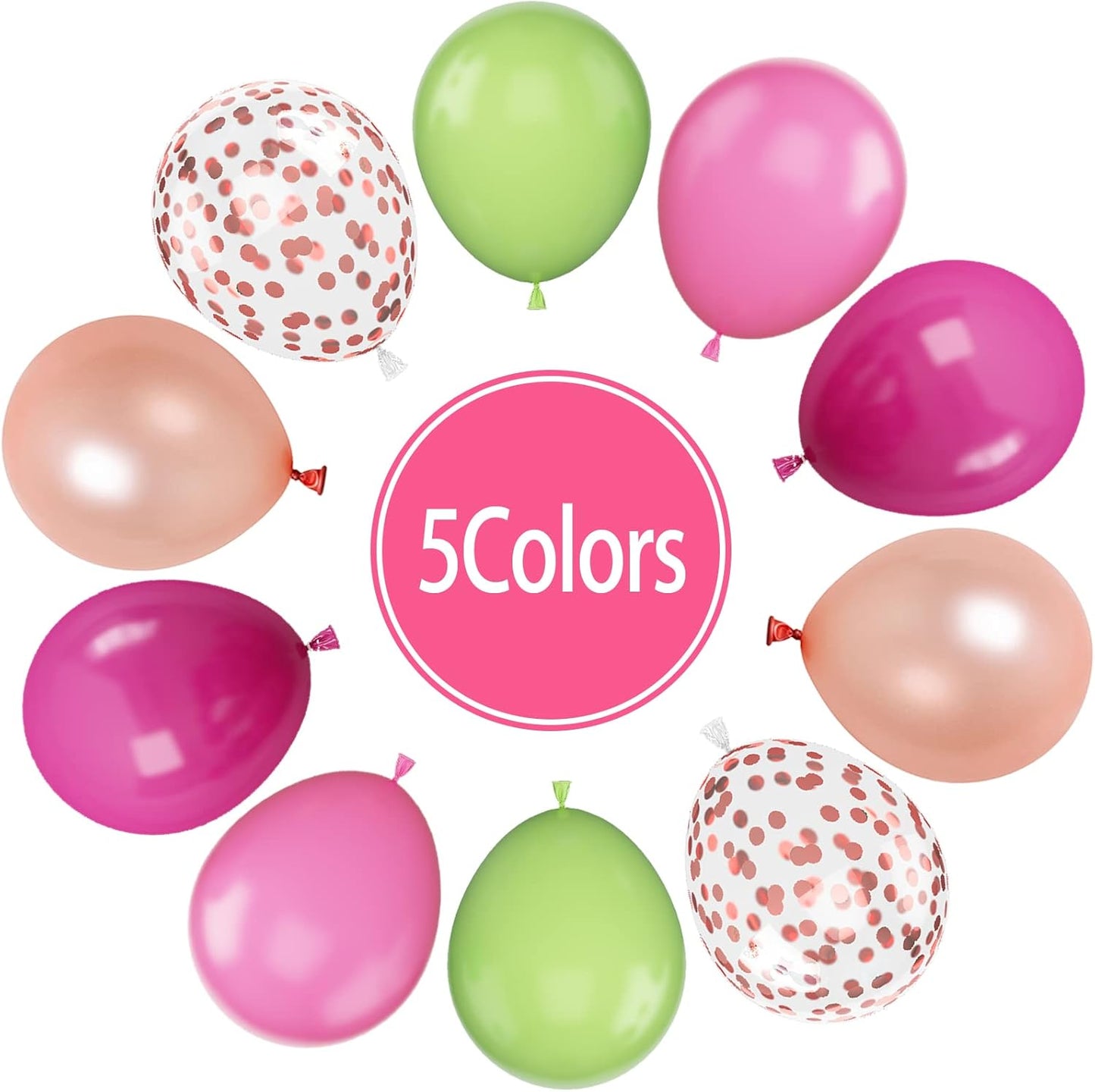 Paready Tropical Party Green Pink Balloons, 60 Pcs 12 Inch Green Hot Pink Rose Gold Confetti Balloons for Hawaiian Luau Theme Party Flamingo Wild Birthday Baby Shower Wedding Decorations