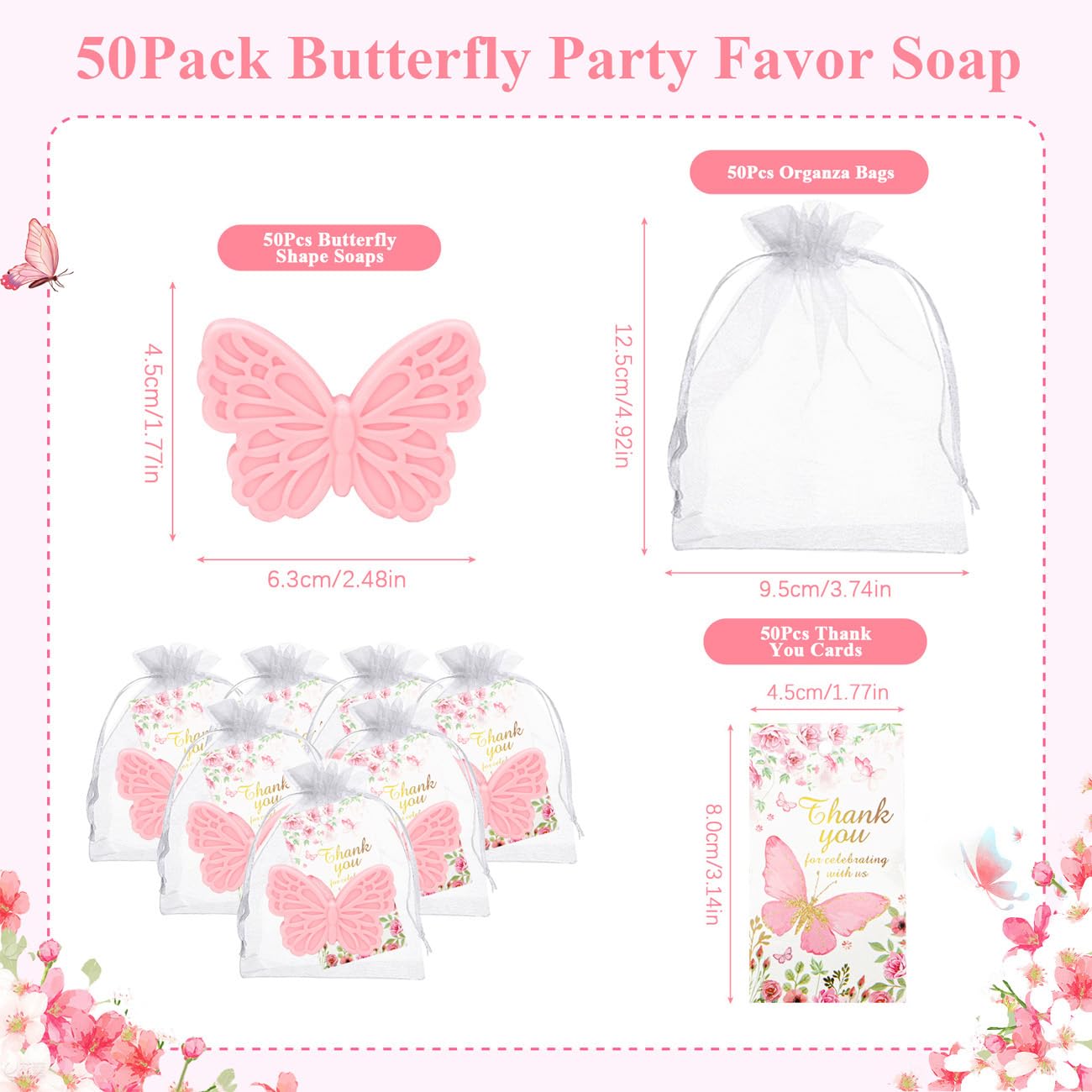 50Sets Butterfly Baby Shower Favors for Guests Butterfly Soap Favors Handmade Scented Soap with Thank You Cards Organza Bags for Gender Reveal Baptism Decorations Wedding Bridal Return Gift(50, Pink)