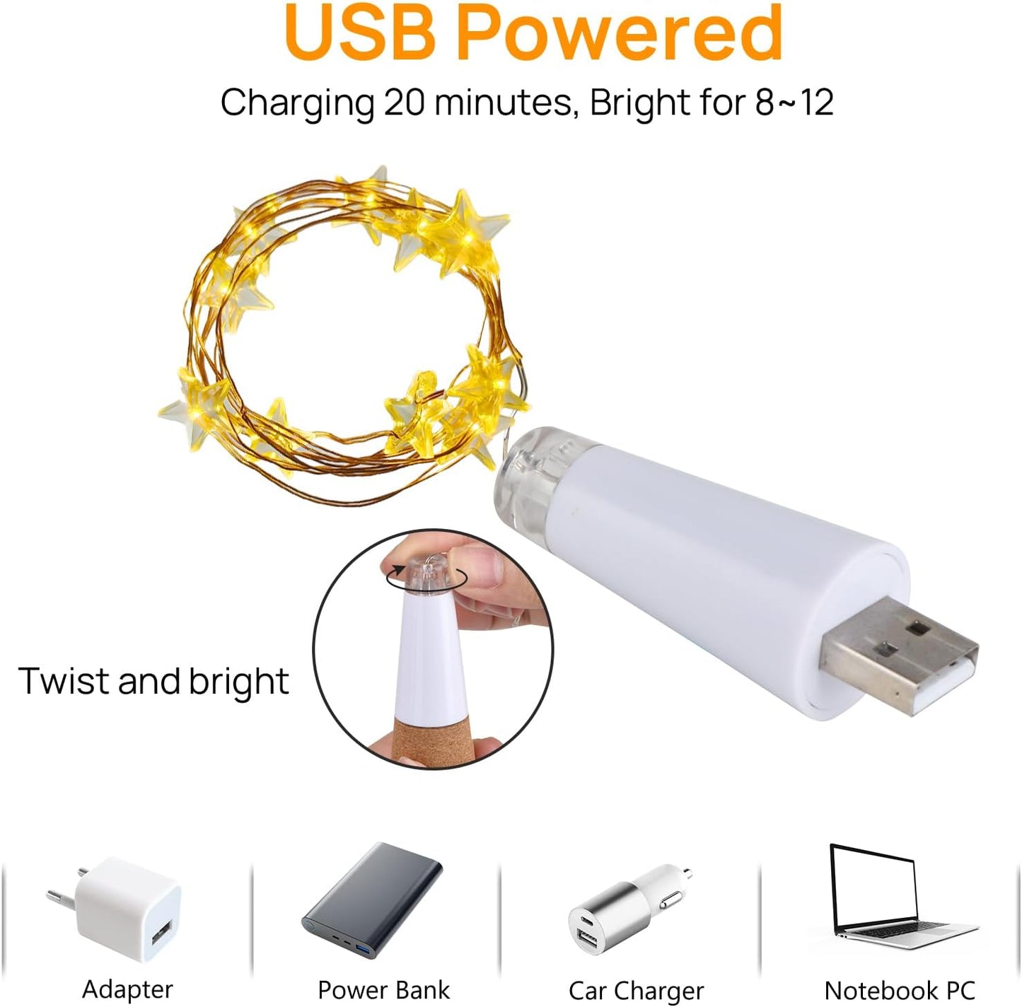 Wine Bottle Cork Lights, Rechargeable & USB Powered, 78 Inches, 10 Star-Shaped LED Copper Wire Lights, Waterproof, Perfect for DIY Parties, Home Decor, Christmas & Weddings (Warm Light)