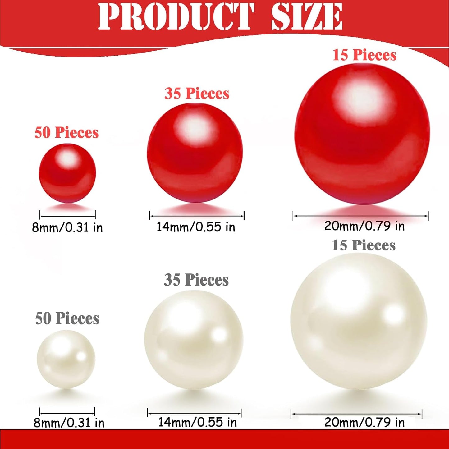 200 Pcs Vase Filler Beads White and Red Pearl Beads for Vase No Hole Pearls for Centerpieces Vases Home Table Party Decor Wedding DIY 8/14/20mm