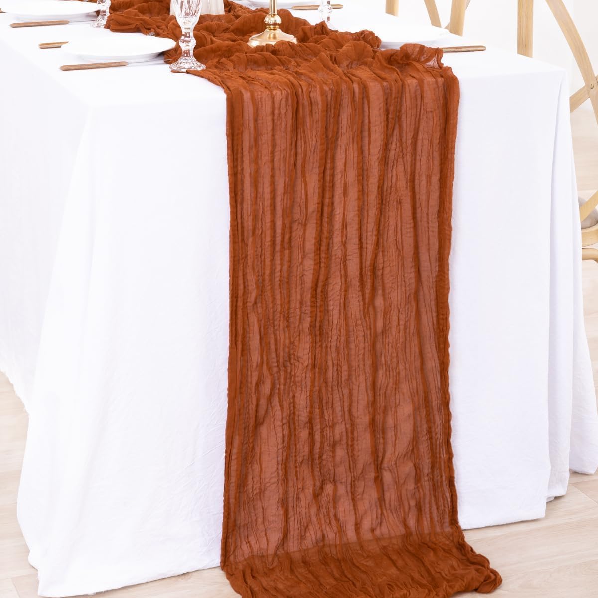 MLMW 6 Pack Fall Thanksgiving Table Runner Cheesecloth Autumn Harvest Rust Terracotta Cheese Cloth Boho Gauze 160 inch Table Runner 13.3ft for Wedding Party Baby Bridal Shower Birthday