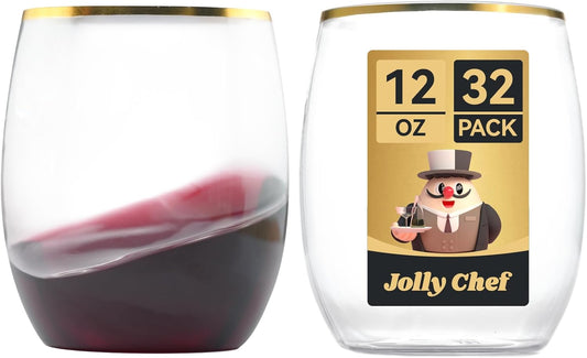 JOLLY CHEF 32 Pack 12oz Gold Plastic Wine Glasses Stemless, Disposable Wine Cupsty, Disposable Plastic Wine Cups for Party, Halloween, Christmas