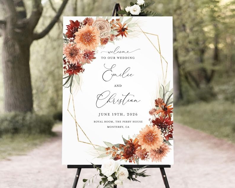 Terracotta Wedding Welcome Sign Template, Boho Floral Gold Reception Decor Sign, Printable Elegant Burnt Orange Large Sign