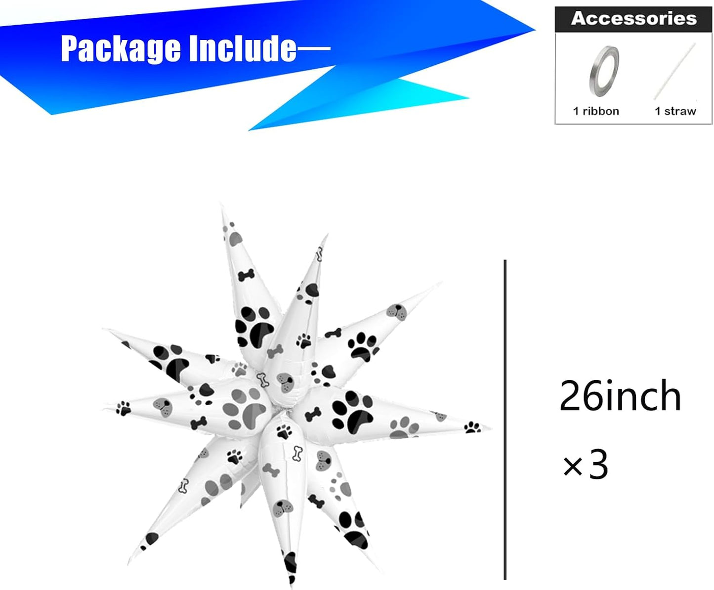 3pcs 26inch 3D paw Explosion Star foil balloon, dog paw theme Foil Cone star burst Balloons for dog Birthday Wedding New Year Party Event