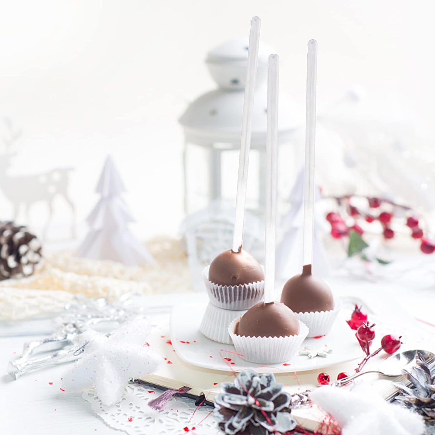 100-PCS Clear Plastic Swizzle Sticks, Crystal Cake Pops, Cocktail Coffee Drink Stirrers, Lolipop Stick, 7.24 Inch