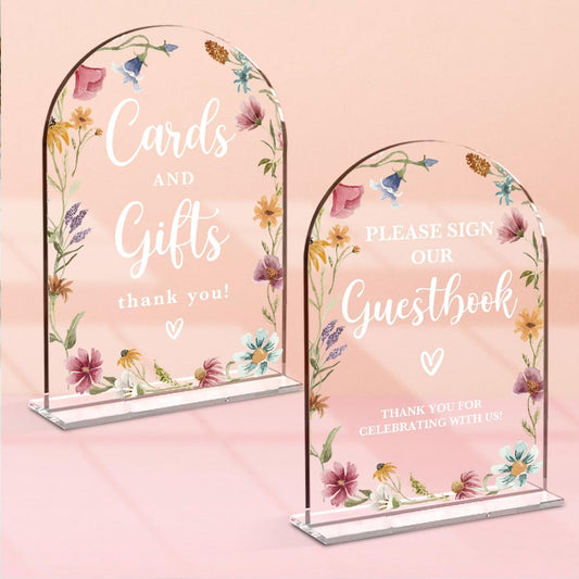 2 Pcs Acrylic Wedding Signs for Reception, Bridal Shower Decorations, Cards and Gifts Signs, Guest Book Sign, Arch Acrylic Table Top Sign with Holder for Wedding Reception (Clear Wildflowers)