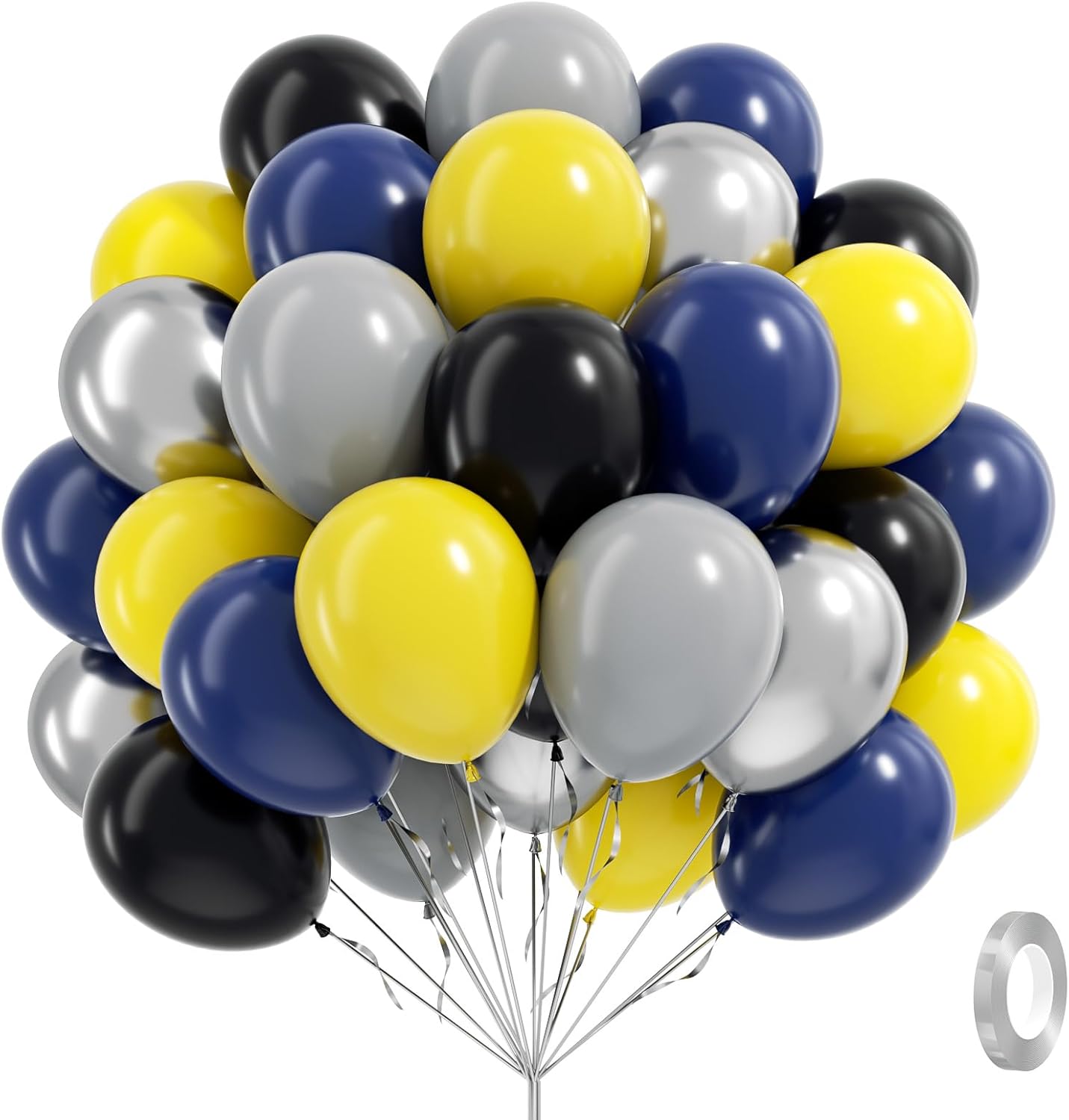 60pcs Black and Yellow Balloons 12inch with Navy Blue Yellow Gray Metallic Silver Balloons for Baby Shower Birthday Party Decorations for Men