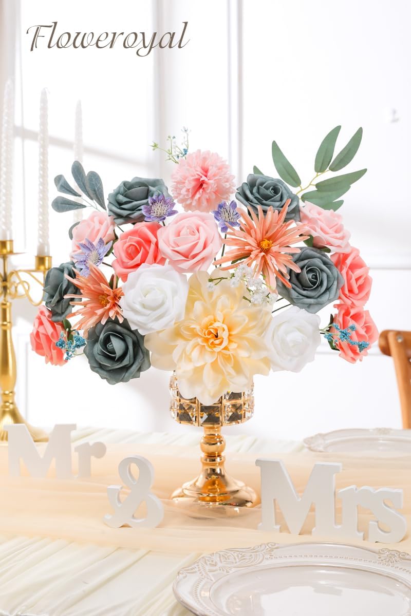 Floweroyal Artificial Flowers Combo Blue Flowers Mix Silk Flowers Dahlia Roses with Stems for DIY Wedding Bridal Bouquets, Baby Shower, Floral Arrangement, Table Centerpieces, Home Decorations.
