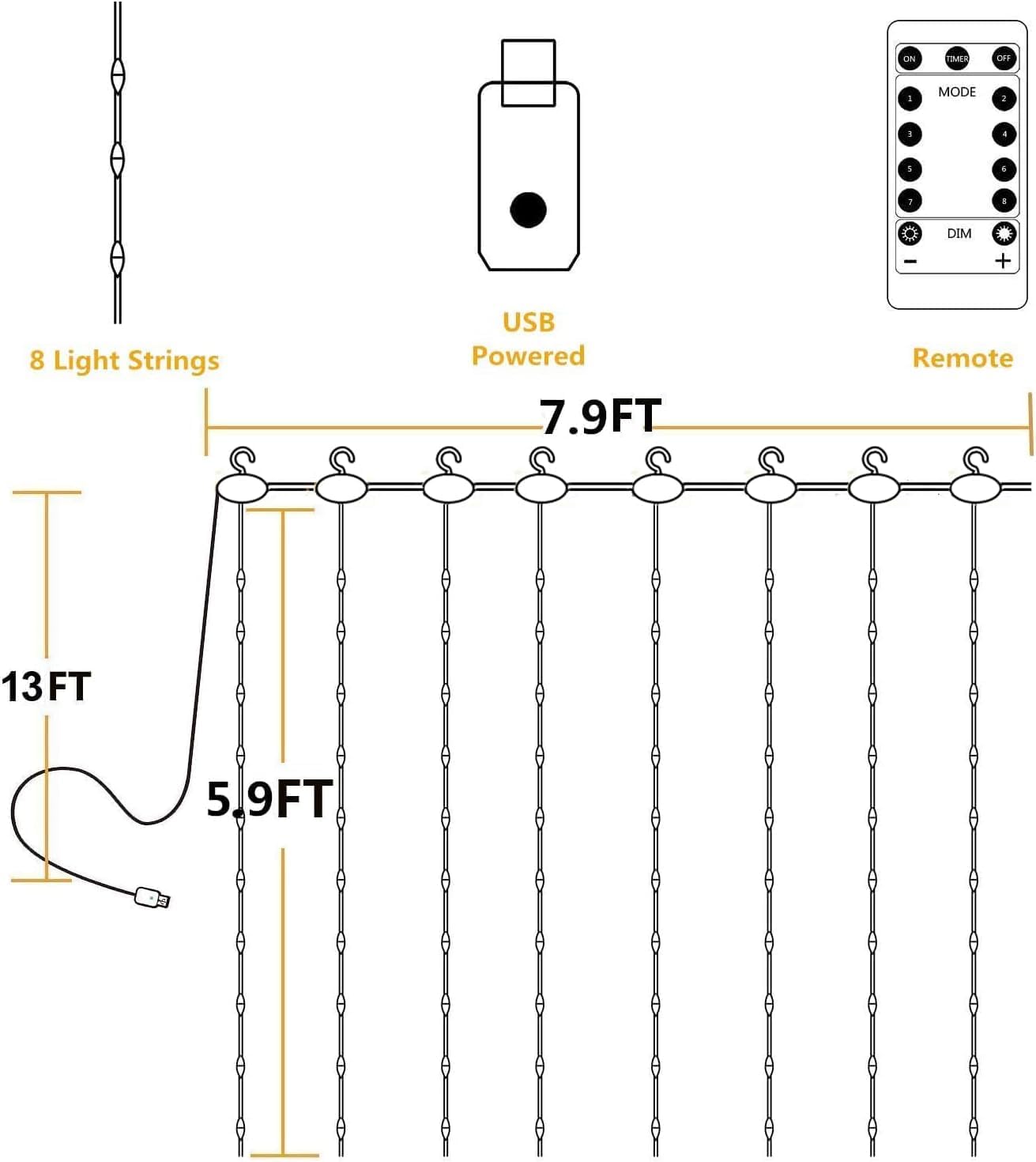 YEOLEH String Lights Curtain,USB Powered Fairy Lights for Party Bedroom Wall,8 Lighting Modes & IP64 Waterproof Ideal for Wedding Valentines Day Decor (Multi-Colored,7.9Ft x 5.9Ft)