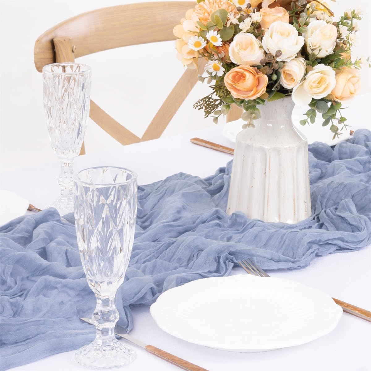 MLMW 3 Pack Dusty Blue Table Runner Cheesecloth Gender Reveal Boho Gauze Rustic Cheese Cloth Table Runner 160 inch Sheer 13.3ft for Wedding Party Baby Bridal Shower Birthday