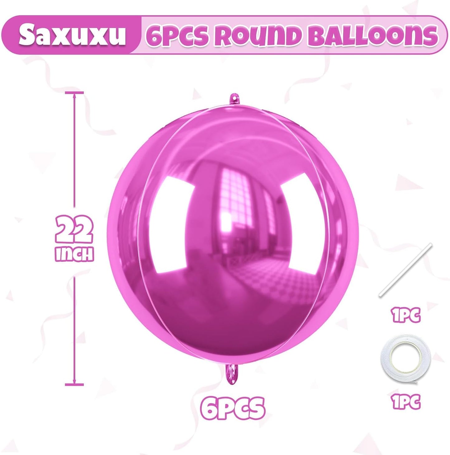 Giant 4D Foil Balloons, 6 Pcs Large Hot Pink Metallic Round Balloons, 22 Inch Big Round Hot Pink Foil Balloon for Kids Girls Prom Birthday Party Baby Shower Wedding Decorations