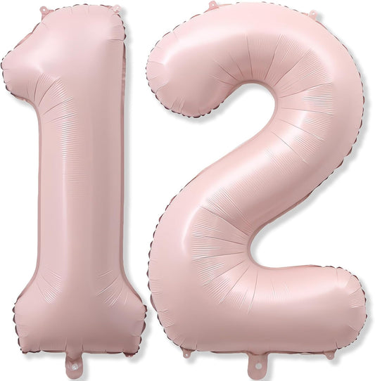 Pastel Pink 12 Balloons Number for Girls, 40'' Self Inflating Number 12 Balloon, Big Light Blush Pink Foil 1 & 2 Helium Balloon for Women Boho Coquette 21st 12th Birthday Party Anniversary Decorations