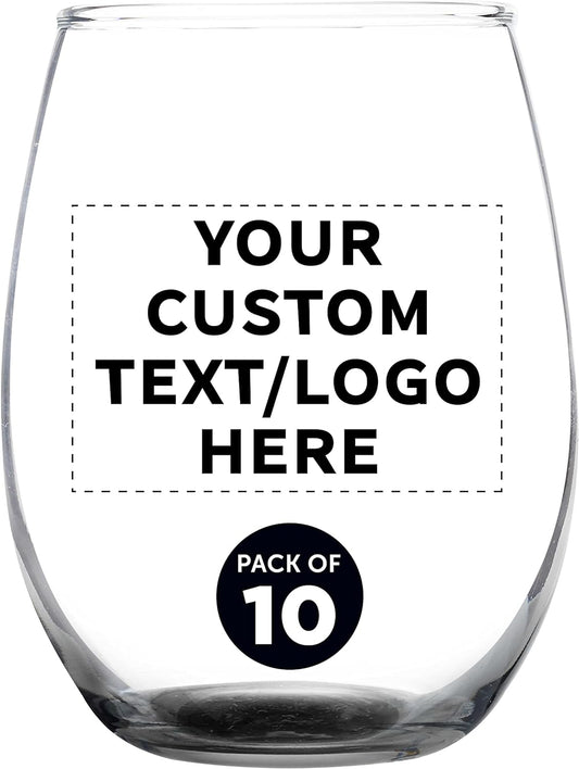 DISCOUNT PROMOS Custom Stemless Wine Glass 9 oz. Set of 10, Personalized Bulk Pack - Great for Wedding Favors, Bachelorette Party Decorations, Party Favors, Color Bottom - Black