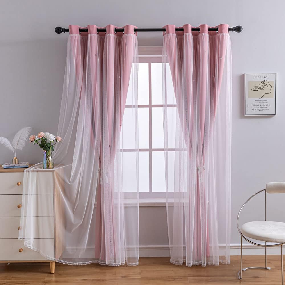 FANLI 2 Panels Star Blackout Curtains for Kid Girls Bedroom Living Room Darking Stripe Double Layer Star Cut Out Wall Home Decor Gradient Grommet Window Curtains (Pink 95L)