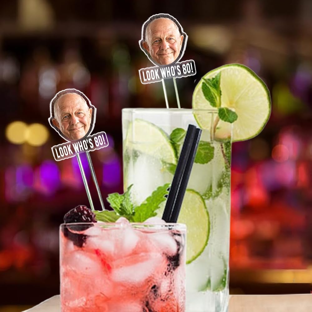 50 Pcs Personalized 50th to 90th Birthday Face Photo Drink Stirrers, 60th 70th 80th Birthday Party Decorations, Custom Face Cutout Stir Sticks, Decor for Retirement, Graduation Parties