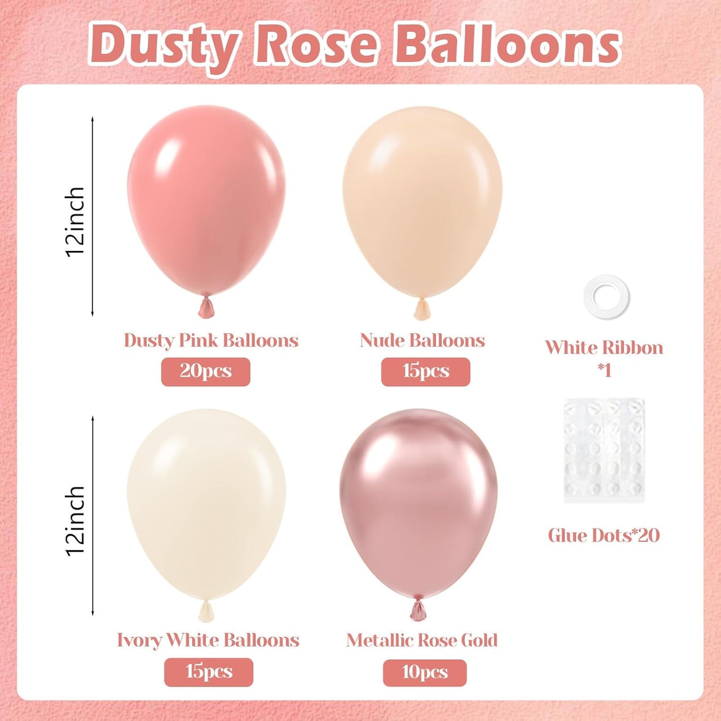 60pcs Dusty Pink Balloons, Blush Pink Dusty Rose Nude Ivory White Metallic Rose Gold Balloons for Boho Baby Shower Birthday Party Wedding Bridal Shower Party Decorations