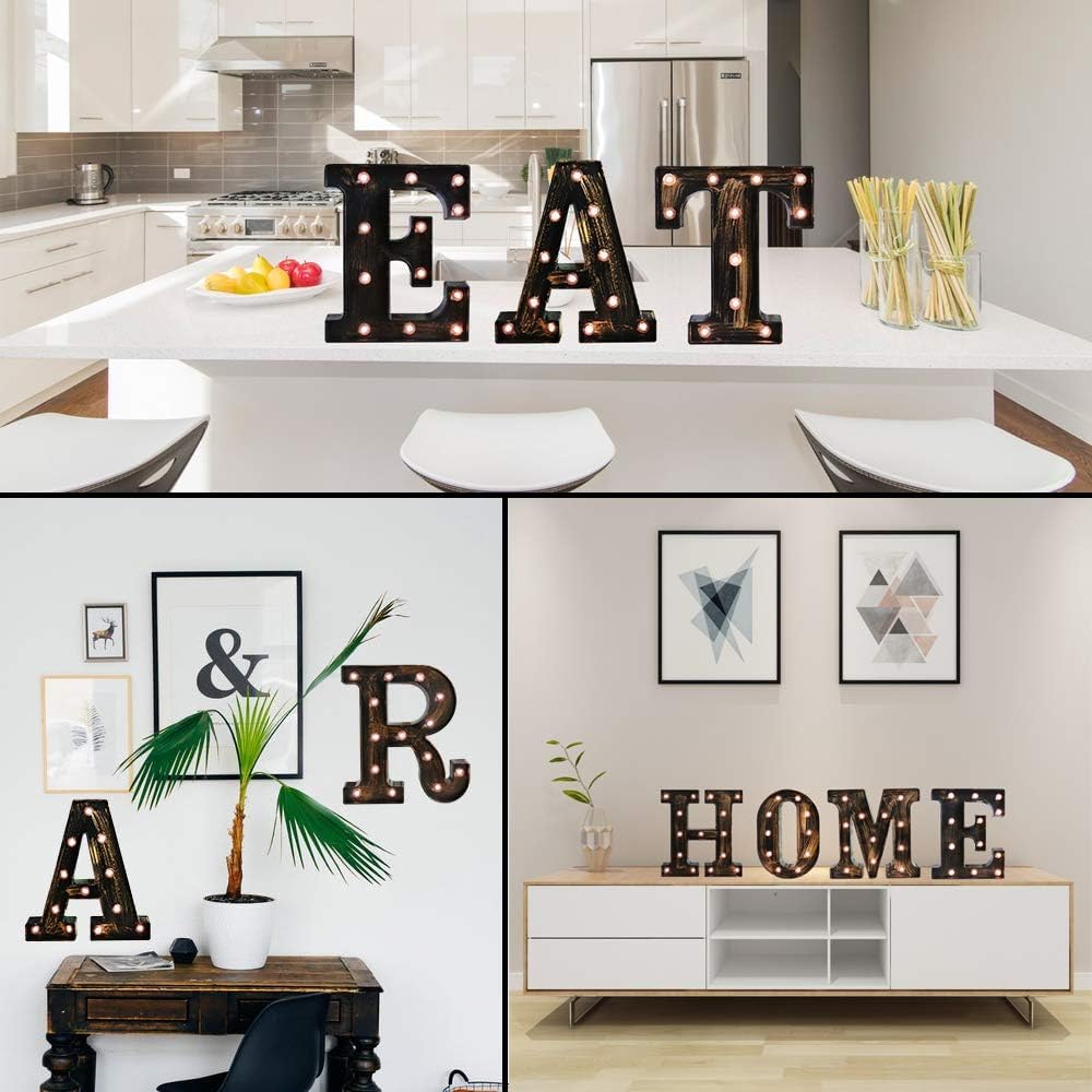 OYCBUZO Golden Black Led Marquee Letter - Industrial, Vintage Style Light Up Alphabet Letter Sign for Cafe Wedding Birthday Party Christmas Lamp Home Bar Initials Decor - T