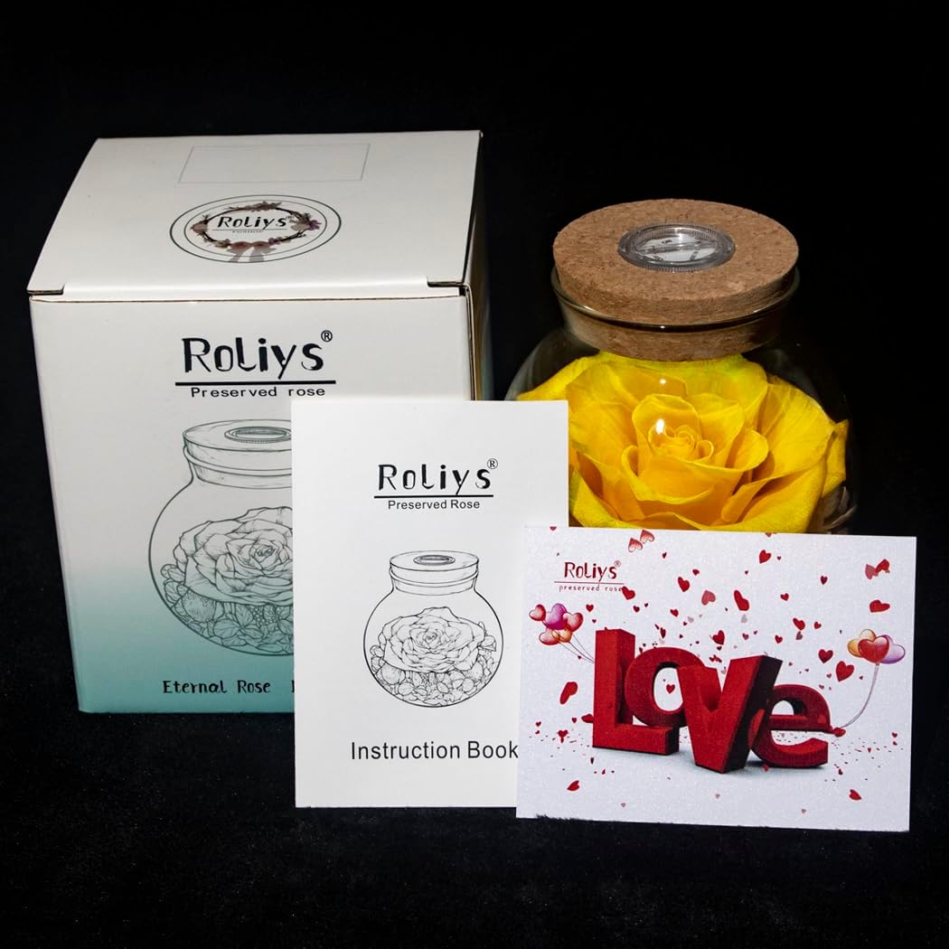 Preserved Real Roses with Colorful Mood Light Wishing Bottle,Eternal Rose，Never Withered Flowers, a Gifts for Women 4.3inch 1pcs (Yellow)