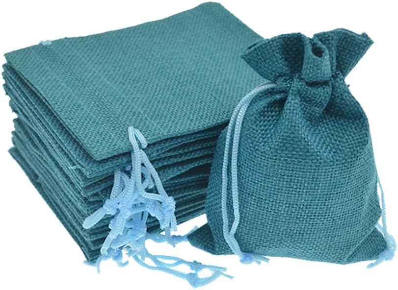 20Pcs Burlap Bags with Drawstring, 3.9 x 5.5 Inch Burlap Wedding Party Favor Bags Jute Jewelry Sacks Christmas Candy Gift Pouches (Peacock Blue)