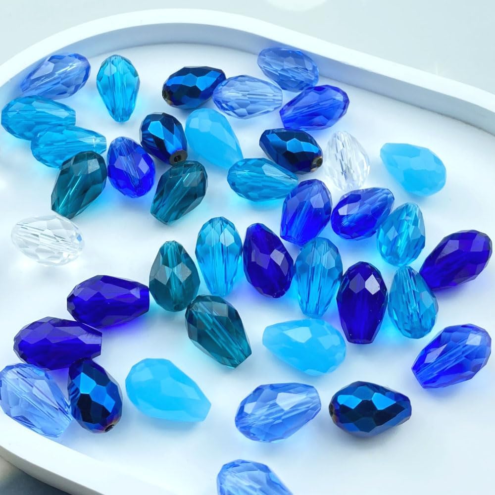 200pcs 3x5mm Teardrop Crystal Glass Beads Vertical Hole Faceted Loose Spacer Beads for DIY Craft Jewelry Making Necklace Bracelet Earring Wind Chimes(Blue Series)