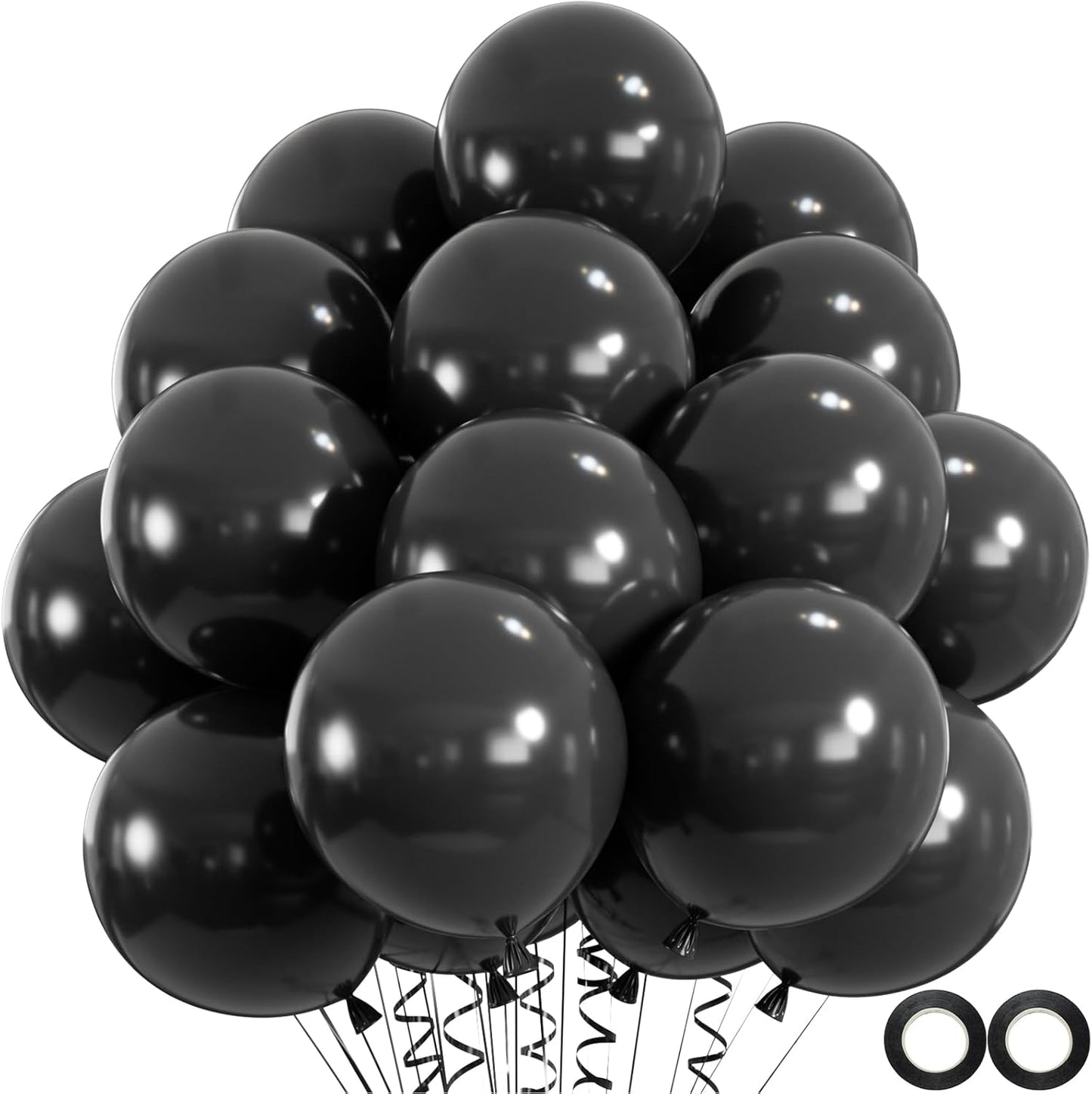 100pcs Black Balloons, Helium Quality 12 inch Black Party Balloons for Birthday, Halloween, Graduation Party Decorations (66ft Ribbons)