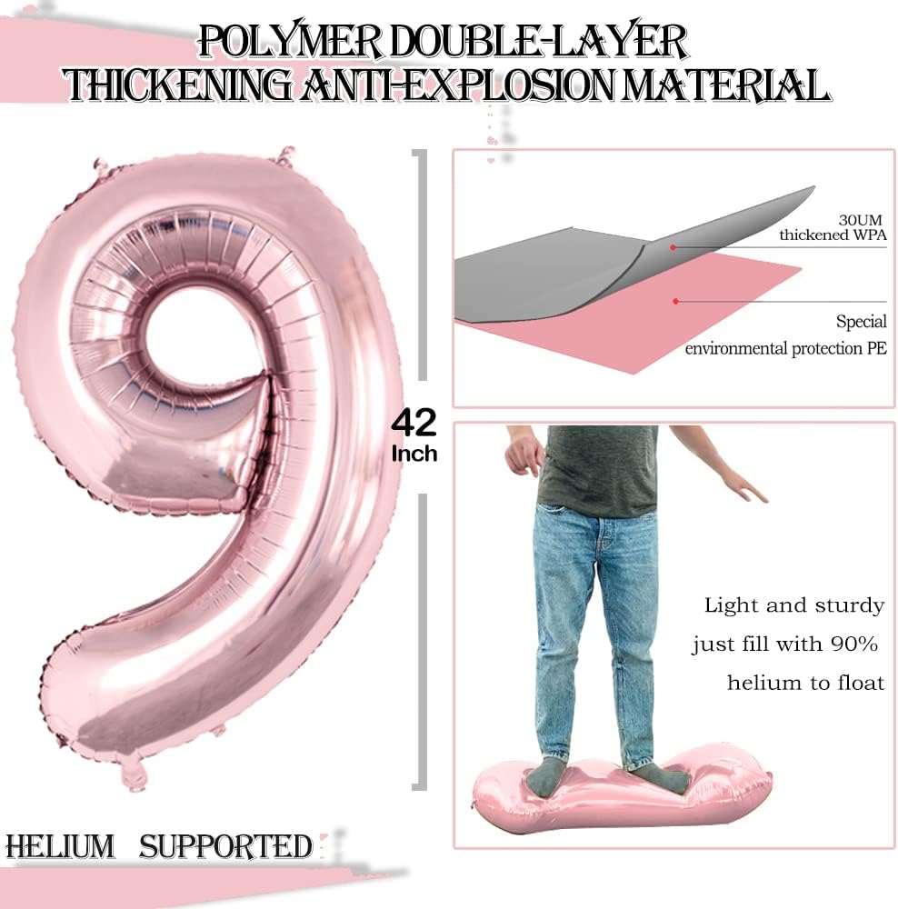 GOER Rose Gold Foil Balloons Number 9,Huge Number Balloons for 9th Birthday Party Supplies Anniversary Decorations(3 pcs,42 inch,32 inc,16inch)