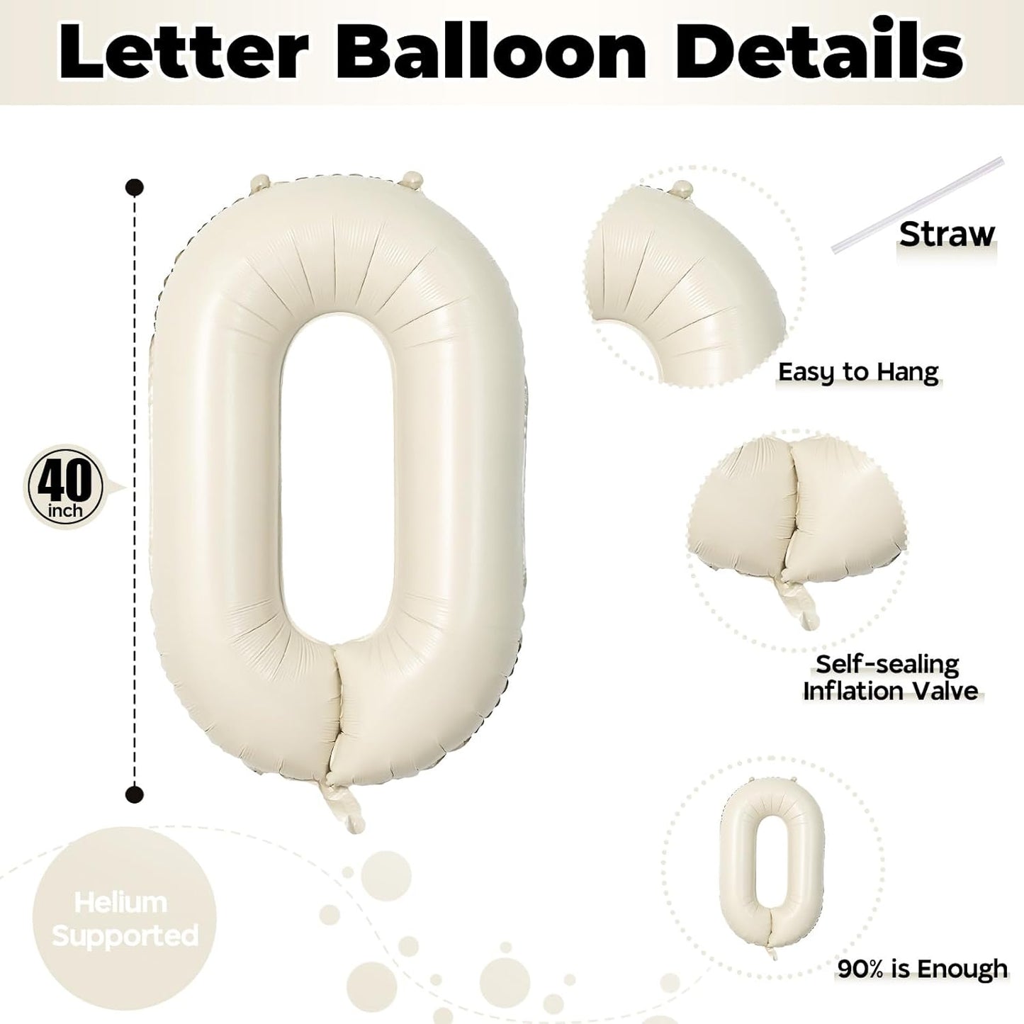 Custom 40 Inch Giant Foil Letter Balloons for Women's Birthday Party - Cream White Beige O, Helium Self Inflating Mylar Alphabet