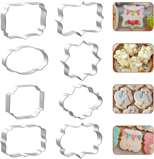 8 PCS Plaque Frame Cookie Cutters, Stainless Steel Plaque Plate Cookie Cutter Fondant Cake Decorating Tools for Birthday Wedding Baby Shower Christmas Cookies Fondant Decorations