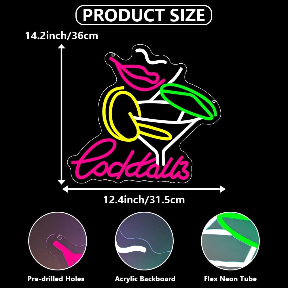 Cocktails Neon Sign, Cocktail Bar LED Neon Light for Wall Decor Dimmable Led Light Up Sign for Home Beer Bar Pub Night Club Party Man Cave Decoration Gift USB Powered(14.2"*7.5")