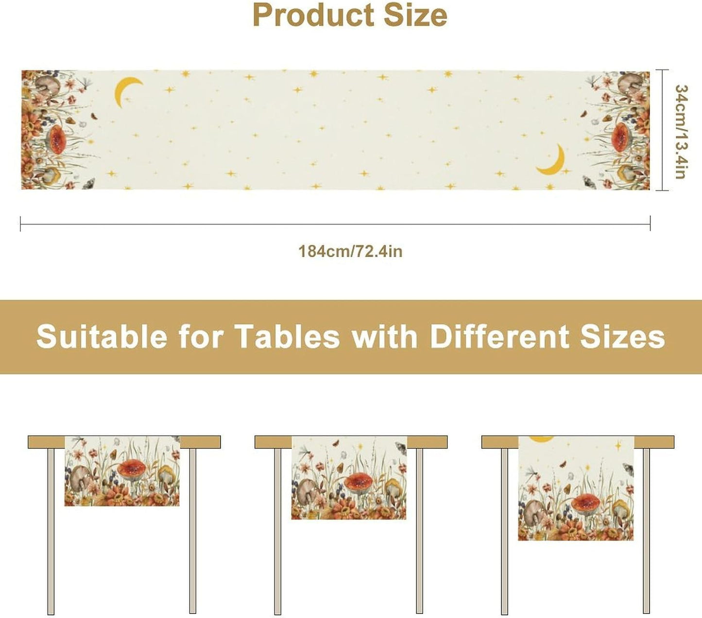 Mushroom Kitchen Table Runner, Gothic Moon Star Plants Witchy Moonlit Flower Butterfly Table Runner for Kitchen Dinner Living Room Drapes, 13x120 Inch White