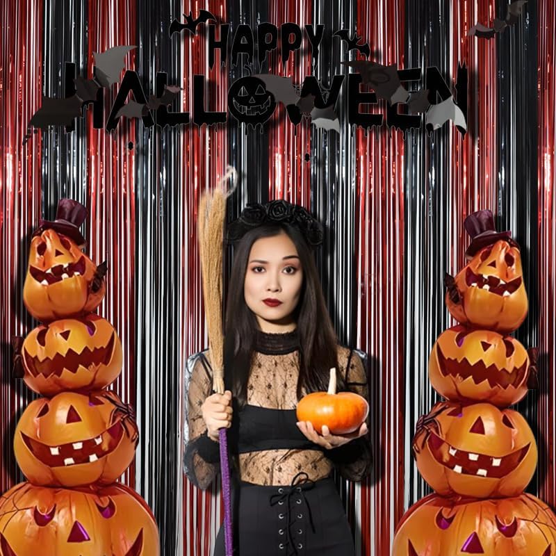 BRAVESHINE Tinsel Photo Backdrop Curtains - 2 Pack 3.2x8.2ft Black Red Foil Fringe Streamer Curtain for Halloweens, Lantern, Pumpkin, Home, Indoor or Outdoor Party Supplies Decorations