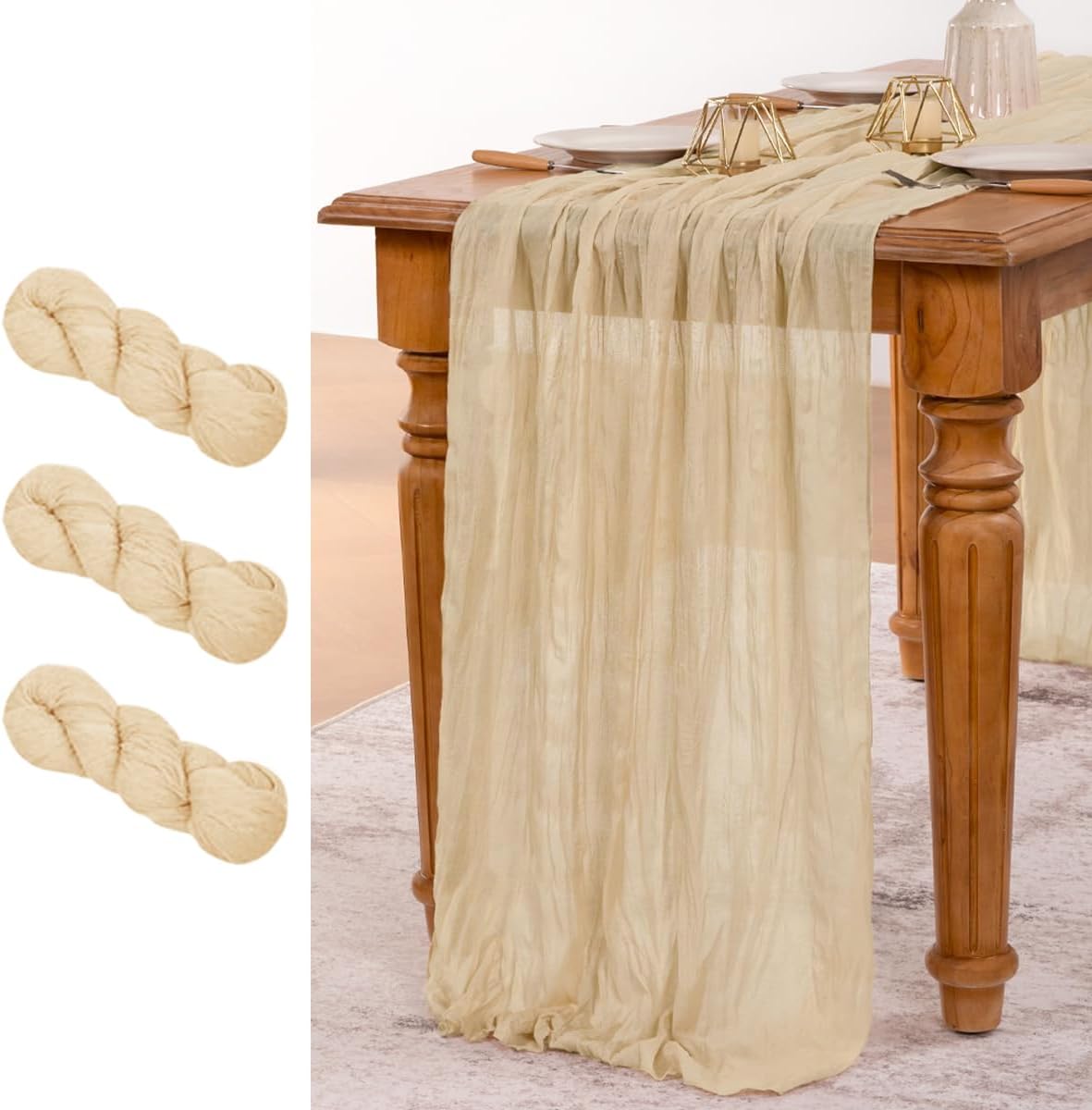 MLMW 3 Pack Champagne Gold Table Runner Cheesecloth Boho Gauze Rustic Cheese Cloth 160 inch Sheer Wedding Table Runner 13.3ft for Thanksgiving Party Baby Bridal Shower Birthday