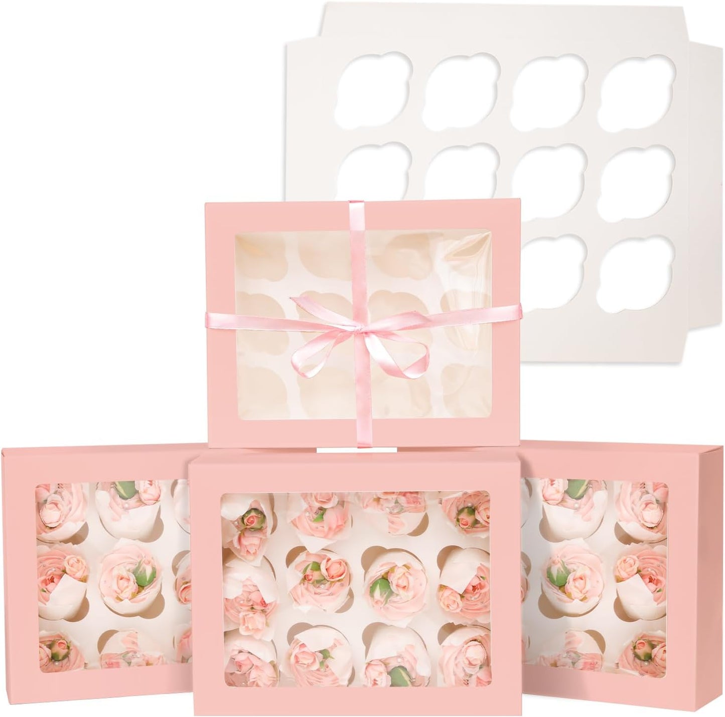 Bakepacker Auto-pop up 12 Cupcake Containers 6-Packs Pink Cupcakes Carrier, 12 Cupcake Boxes with Window 13"x10"x3.5"