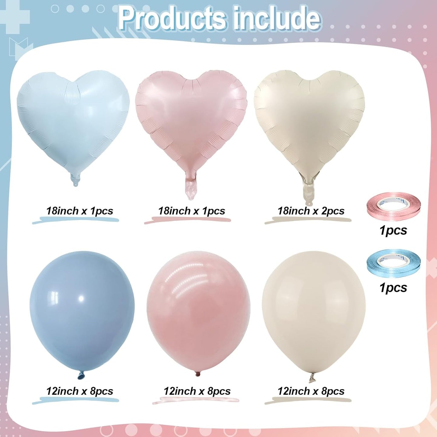 Pale Dusty Pink and Blue Balloons 18 Inch Heart Balloon *4, Pastel Dusty Blue Pink Cream White Gender Reveal Decorations for Baby Shower Boy Girl Neutral Heart Mylar Shape Foil Balloons as Boho Decor