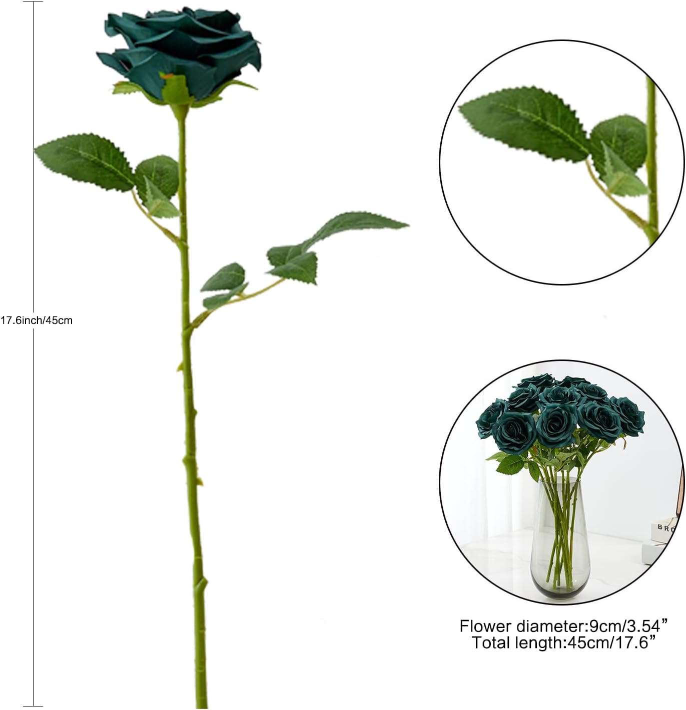 Artificial Rose 10pcs Open Flower Bouquet Faux Rose Stems for Wedding Arrangement, Bridal Bouquet, Centerpiece, Fake Faux Silk Flowers (Emerald Green)