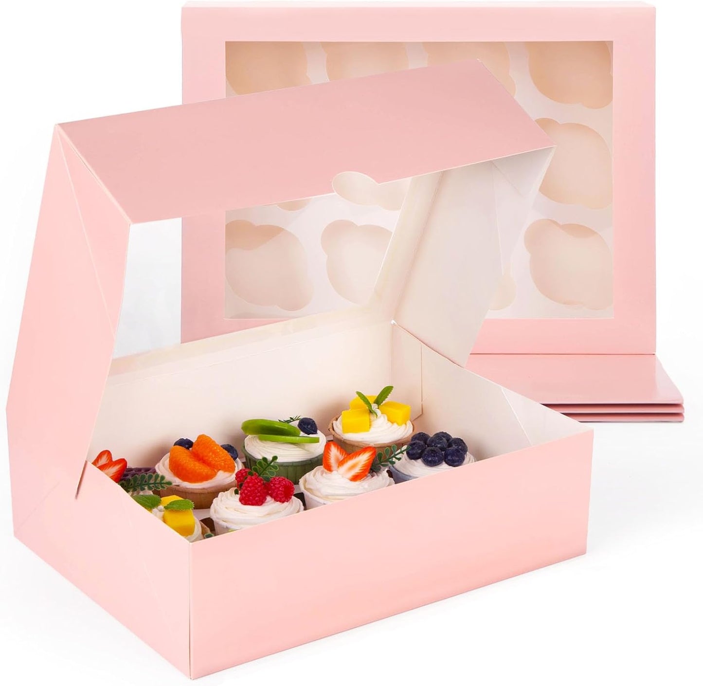 VGOODALL 12 Count Cupcake Boxes, 6PCS 13.2x9.8x4Inches Pink Cupcake Container with Window Boxes Holding 72 Pastry Box for Birthday Holiday Party Bakery Supplies