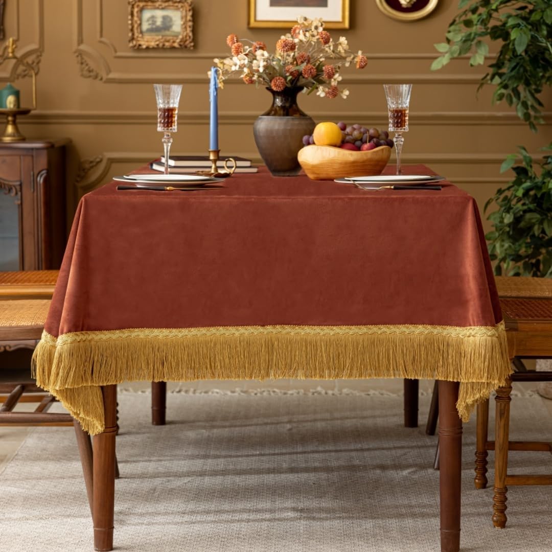 F-CHU Luxury Burnt Orange Tablecloth Thickset Velvet Tablecloth with Beautiful Gold Tassels Table Cloth for Home Decor Wedding, Party, Banquet and Events 60x70-Inch