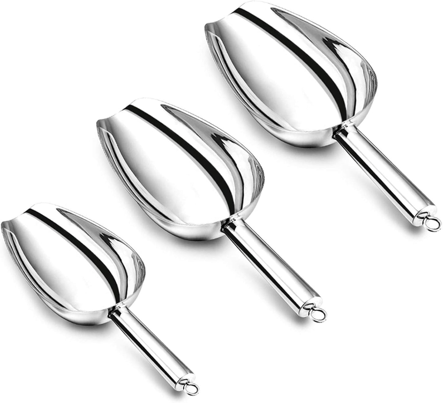 P&P CHEF Canister Scoop Set of 3, Ice Candy Scoop, Stainless Steel Multipurpose Food Scooper for Buffet Jar Freezer, Mirror Finish & Dishwasher Safe, Silver, 5+8+12 Oz