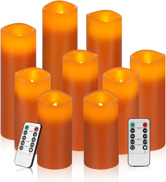 Vinkor Flameless Candles Battery Operated Candles Real Wax Pillar LED Candles with 10-Key Remote and Cycling 24 Hours Timer (Orange Set of 9)