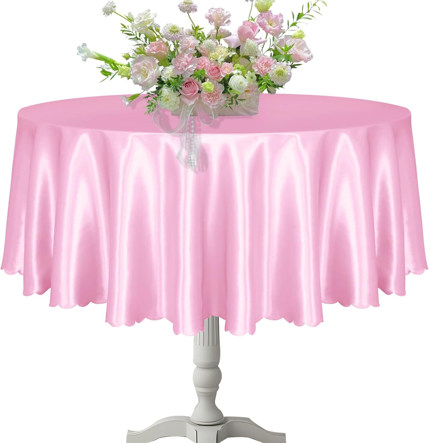 KKJIAF 1 Pack Round Table Cloths 90 Inch, Light Pink Overlay Round Satin Table Cover, Silky Satin Dining Tablecloths for Wedding Buffet Parties Banquet Decoration