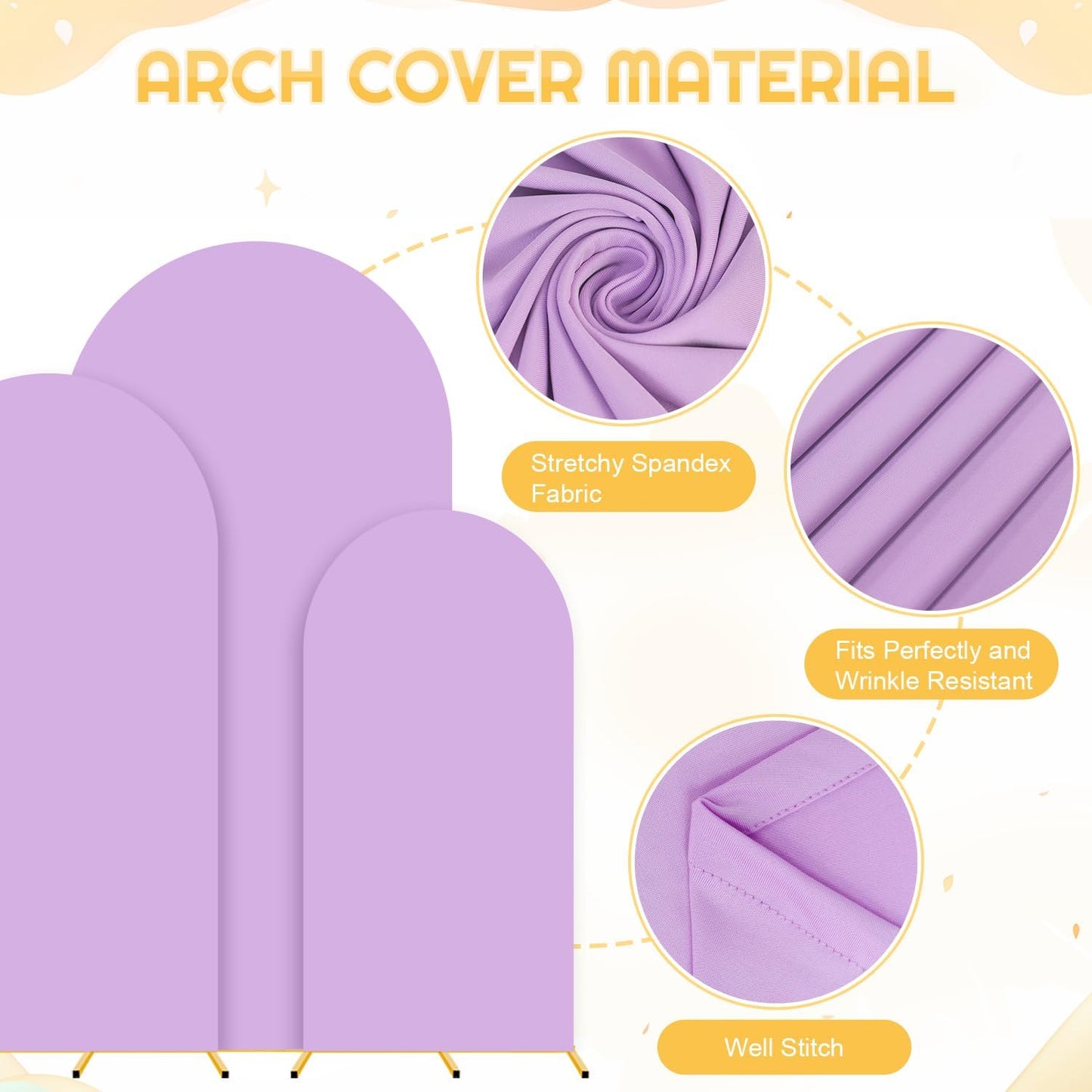 Set of 3 Arch Backdrop Stand and Wedding Arch Cover 6FT, 5FT, 4FT Stable Arches Stand Backdrop Metal Arched Frame Lavender Cover Balloon Arch Stand and Cover Set for Bridal Baby Shower Event Decor