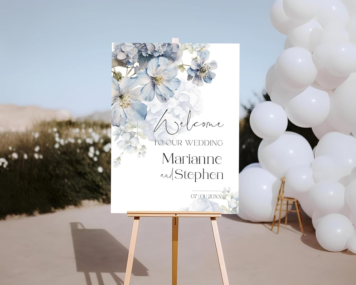 Welcome Wedding Sign Personalized, Soft Blue Flower Wedding Sign Decorations Signage 12" X 18" (Small), 27" (Medium), 36" (Large), Plastic, Modern, Pole Mount, Weather