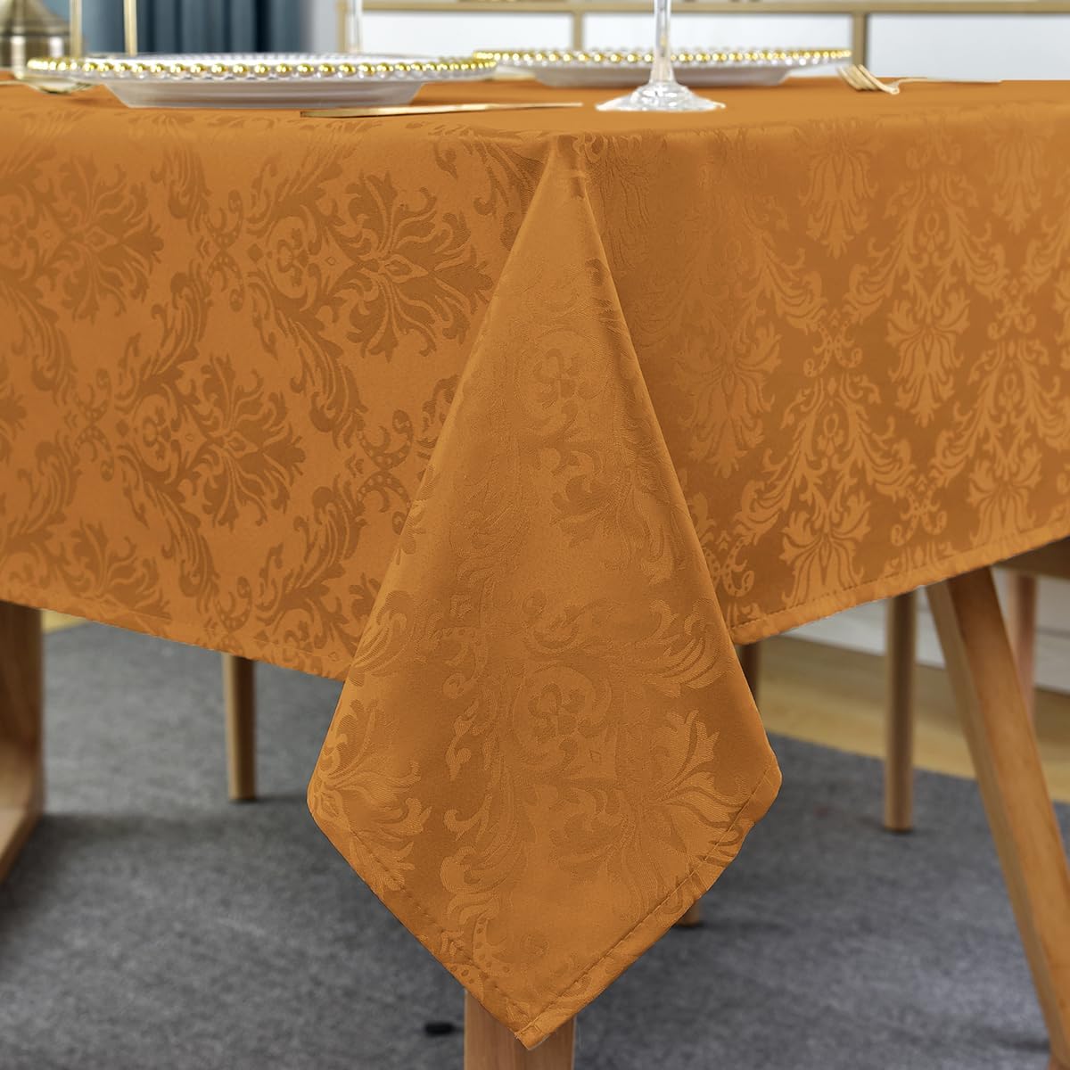 SASTYBALE Fall Tablecloth Rectangle 60 x 84 Inch Spill Proof Stain Resistant Autumn Jacquard Damask Table Cloth, Washable Polyester Table Cover for Thanksgiving, Harvest, Holiday, Brown/Amber