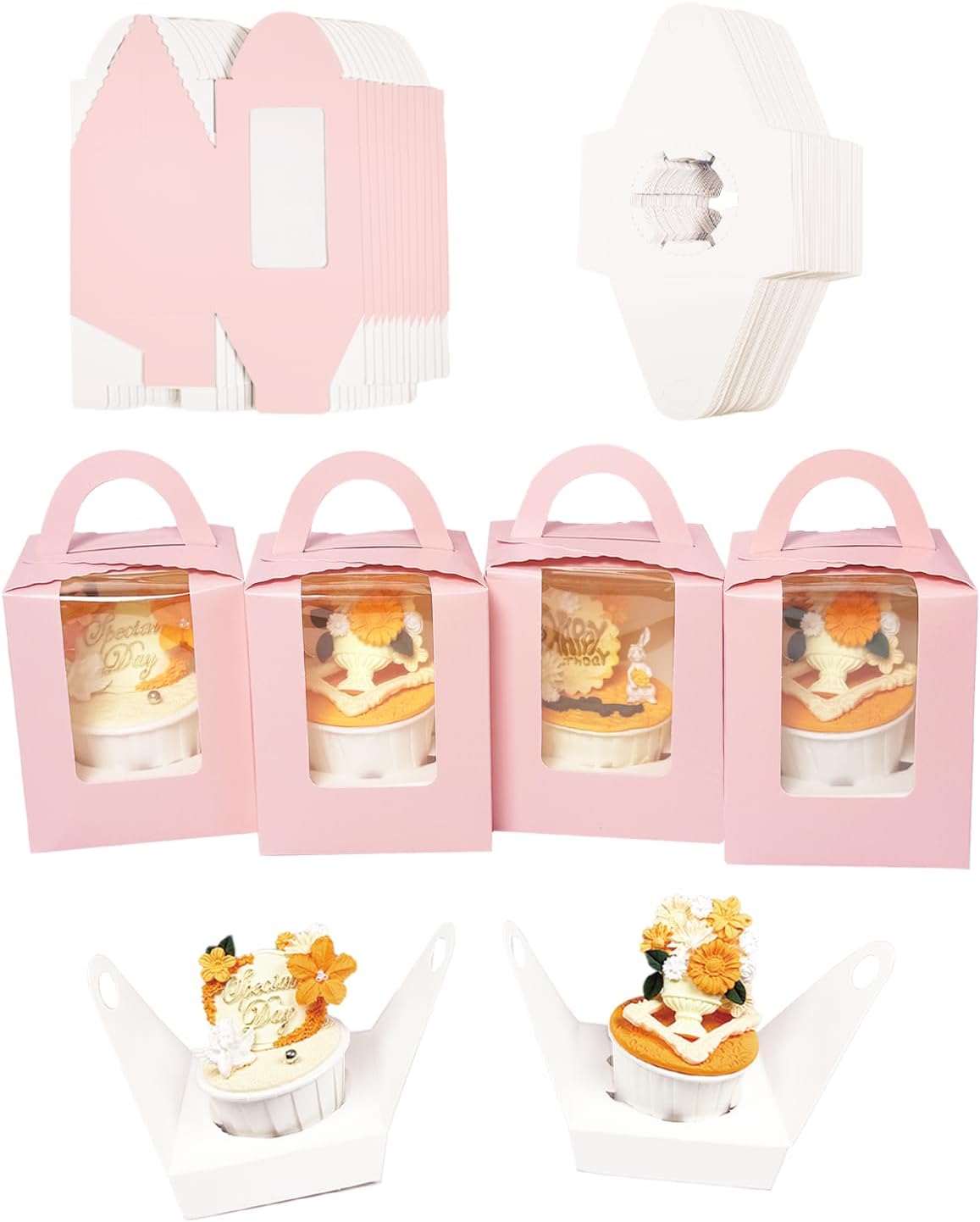 Bakepacker Auto-pop up Individual Cupcake Boxes with Window 25 Count Pink Single Cupcakes Box 3.6 x 3.6 x 4.3inch Cupcake Carrier